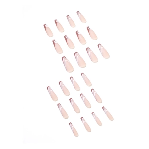 French tip coffin fake nails with nude pink base and white curved lines decor
