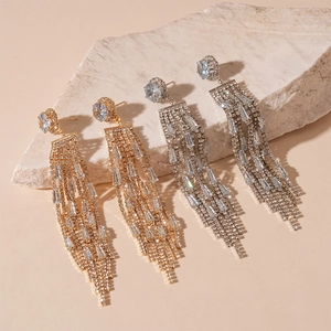 Elegant long tassel drop earrings with sparkling rhinestones in gold and silver finish