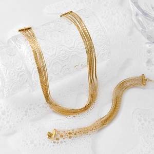 Elegant gold multi-layer chain jewelry set featuring a tiered necklace and bracelet