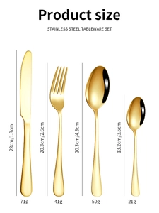 Detailed size chart for golden stainless steel cutlery set with dimensions and weights