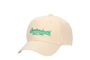 Close-up of green Dartmouth Since 1993 embroidery on a beige cotton baseball cap