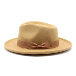 Classic wool fedora hat for women with a wide brim and decorative bow in khaki color