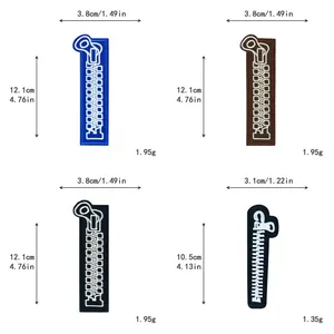Detailed size specifications for embroidered zipper patches in blue, brown, and black