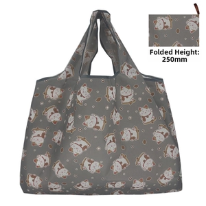Foldable oxford shopping bag with lucky cat pattern showing compact size after folding