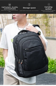 Detail of durable polyester business backpack with multiple storage compartments