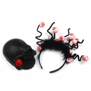 Halloween headband featuring black feathers and multiple bloody eyeballs for party props