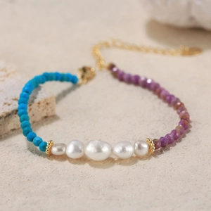 Baroque freshwater pearls and colorful gemstone bead bracelet with S925 silver chain