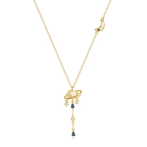 Celestial 925 silver necklace with gold moon, star, and cloud pendant featuring blue gems