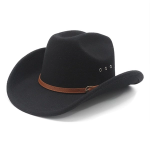 Classic black wool western cowboy hat with brown leather belt and side metal eyelets