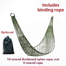 Detail of army green outdoor hammock made from 10-strand thickened nylon mesh material