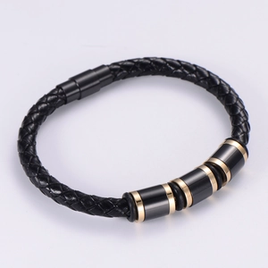 Mens Woven PU Leather Bracelet With Stainless Steel Magnetic Buckle Modern Fashion Punk Style Bangle Jewelry