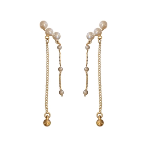Elegant gold-tone long fringe drop earrings featuring faux pearls and sleek metal chains