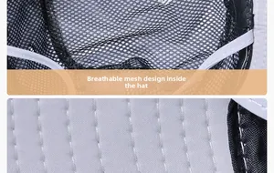 Detail view of the breathable mesh lining and reinforced stitching on the grey sun hat