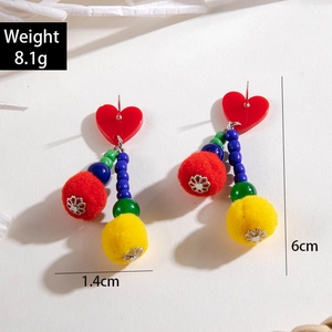 Colorful woven Christmas earrings with heart studs and pom-poms, 6cm length and 8.1g weight