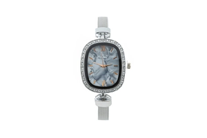 Detail view of oval silver quartz watch with zircon bezel and marble textured dial face
