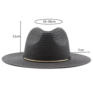 Detailed size chart of a black woven panama fedora hat with dimensions 56-58cm