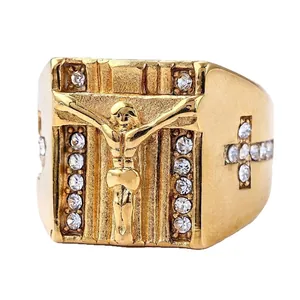 Men's gold-plated stainless steel punk ring with Jesus cross relief and white zircon inlay