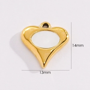Detailed view of gold heart shell pendant showing dimensions 14mm height and 13mm width