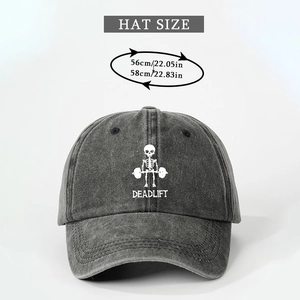 Close-up of washed cotton baseball cap featuring deadlift skull print and size guide