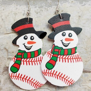 Christmas leather snowman earrings featuring baseball stitch patterns and festive scarves