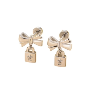 Silver stainless steel bowknot stud earrings with cross and lock pendant charms