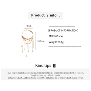 Detailed dimension guide for heart tassel metal arm cuff with sizing and iron material info