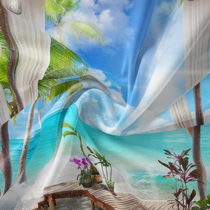 Vue détaillée d'une tapisserie bohème avec imprimé de paysage tropical et palmier