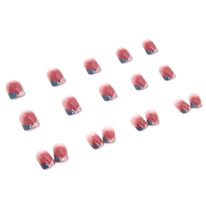 Short square press-on nails featuring red and blue color-block design with silver glitter