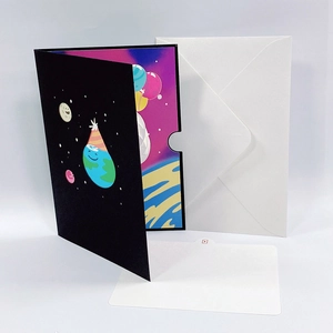 Detailed 3D pop-up space theme birthday card set with hot air balloon and planets