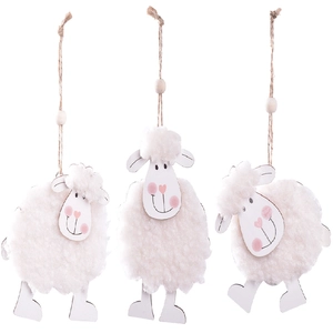 Three cute wool felt Easter sheep ornaments with wooden elements and hanging ropes