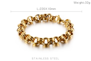 Detail showing specifications of golden stainless steel punk chain bracelet with size and weight
