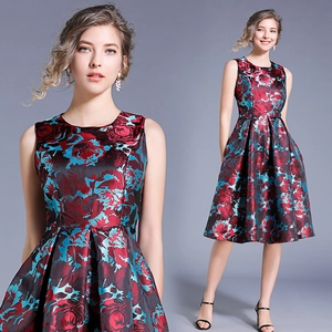 Sleeveless Floral Midi Dress Satin Jacquard Round Neck A-Line High Waist Retro Elegant Vintage Rose Print Women
