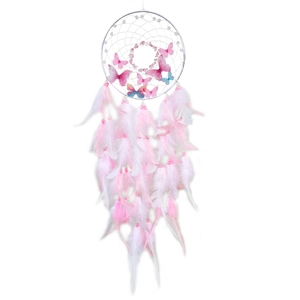 Pink and white feather dream catcher with colorful butterfly and beads on white background