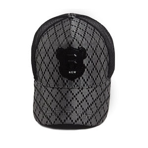 Plaid trucker hat with R leather patch and breathable black mesh for outdoor sun protection