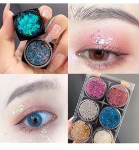 Glitter gel eyeshadow set for eyes and nails showing application and multi-color jars