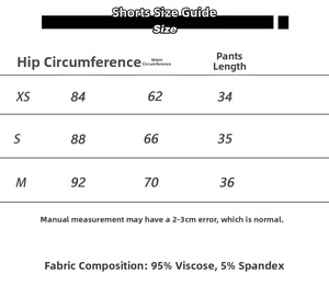 Shorts size guide and fabric composition details showing dimensions for XS to M sizes