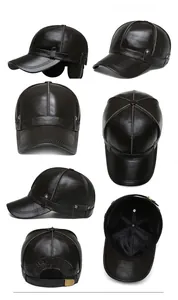 Detail of dark brown leather winter hat with fold-out earflaps and warm fleece lining