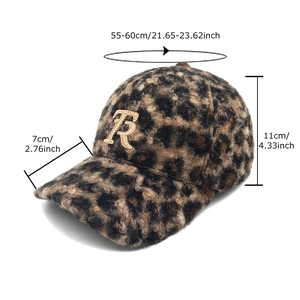 Faux fur leopard print baseball cap with embroidered R letter and size measurements