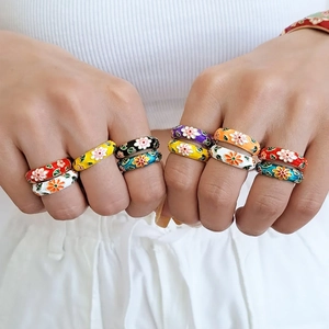 Enamel Flower Open Ring Copper Colorful Daisy Pattern Adjustable Fashion Jewelry For Women Chic Style