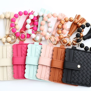 Silicone bead keychain bracelet set with PU leather wallet in six stylish colors