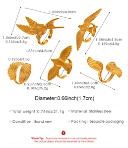 Detailed size and weight chart for five gold stainless steel bird and wing open rings