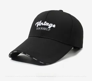 Side view of black baseball cap featuring Vintage YOURSELF embroidery and SPORT brim print