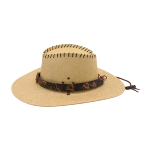 Detail of retro straw cowboy hat featuring ethnic print band and windproof cord