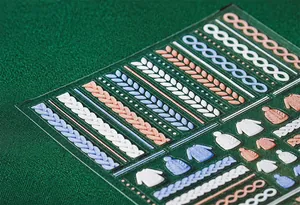 Macro shot of 3D knit texture nail stickers with winter sweater patterns and cable weaves
