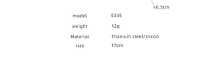Specifications chart for model E335 titanium steel bracelet with seven colorful zircons