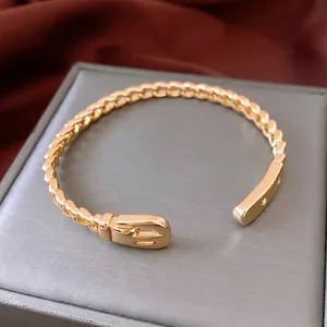 18K gold plated chain textured open bangle featuring a unique belt buckle design for women