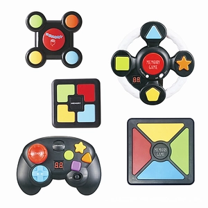Five assorted handheld electronic memory puzzle games with glowing buttons and LED screens