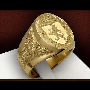Chevalière pour homme en or avec blason de lion et gravures vintage sur les côtés latéraux