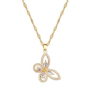 Elegant gold titanium steel necklace with hollow butterfly zircon pendant on wavy flat chain