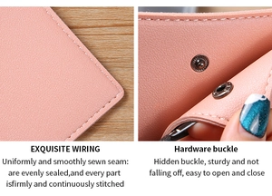 Detail of pink lychee leather texture and exquisite metal hardware buckle on the wallet